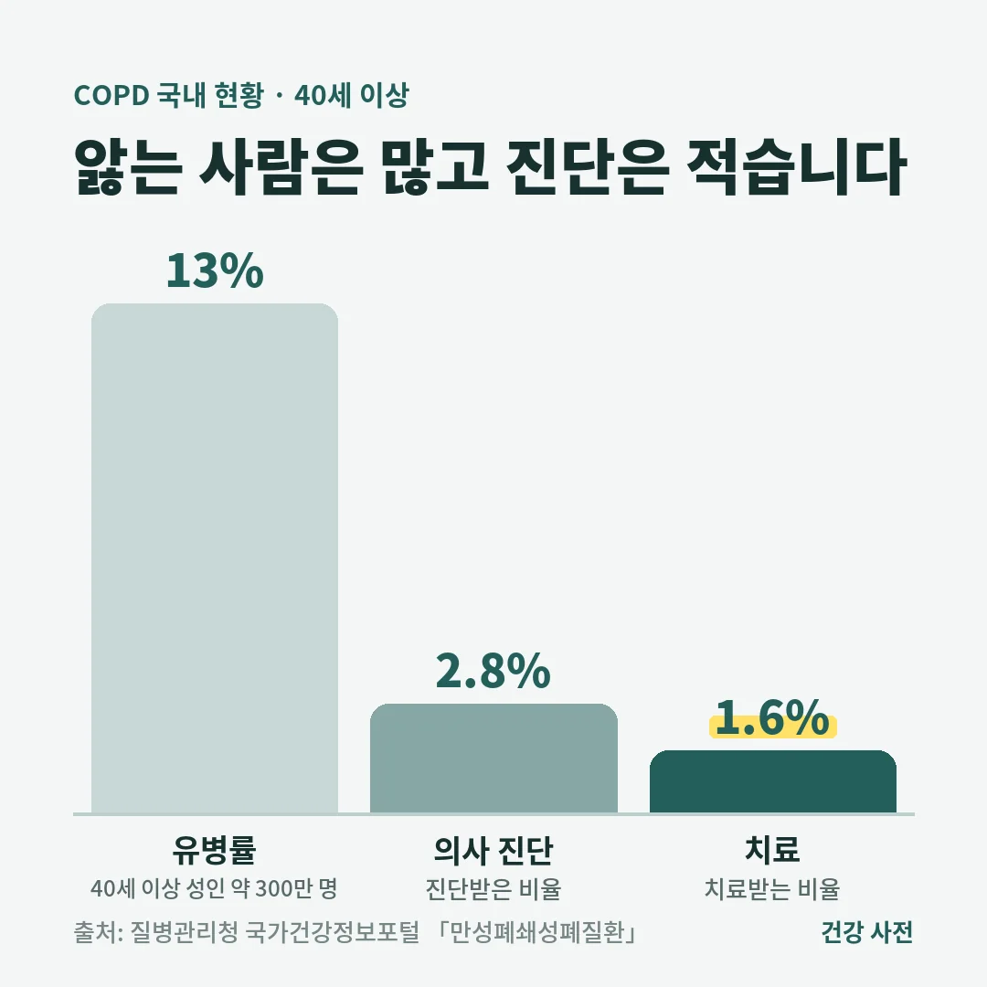 COPD는 국내 40세 이상 성인의 약 13%가 앓지만 의사에게 진단받은 비율은 2.8%, 치료받는 비율은 1.6%로 낮아 폐기능검사 국가검진이 도입됐습니다.
