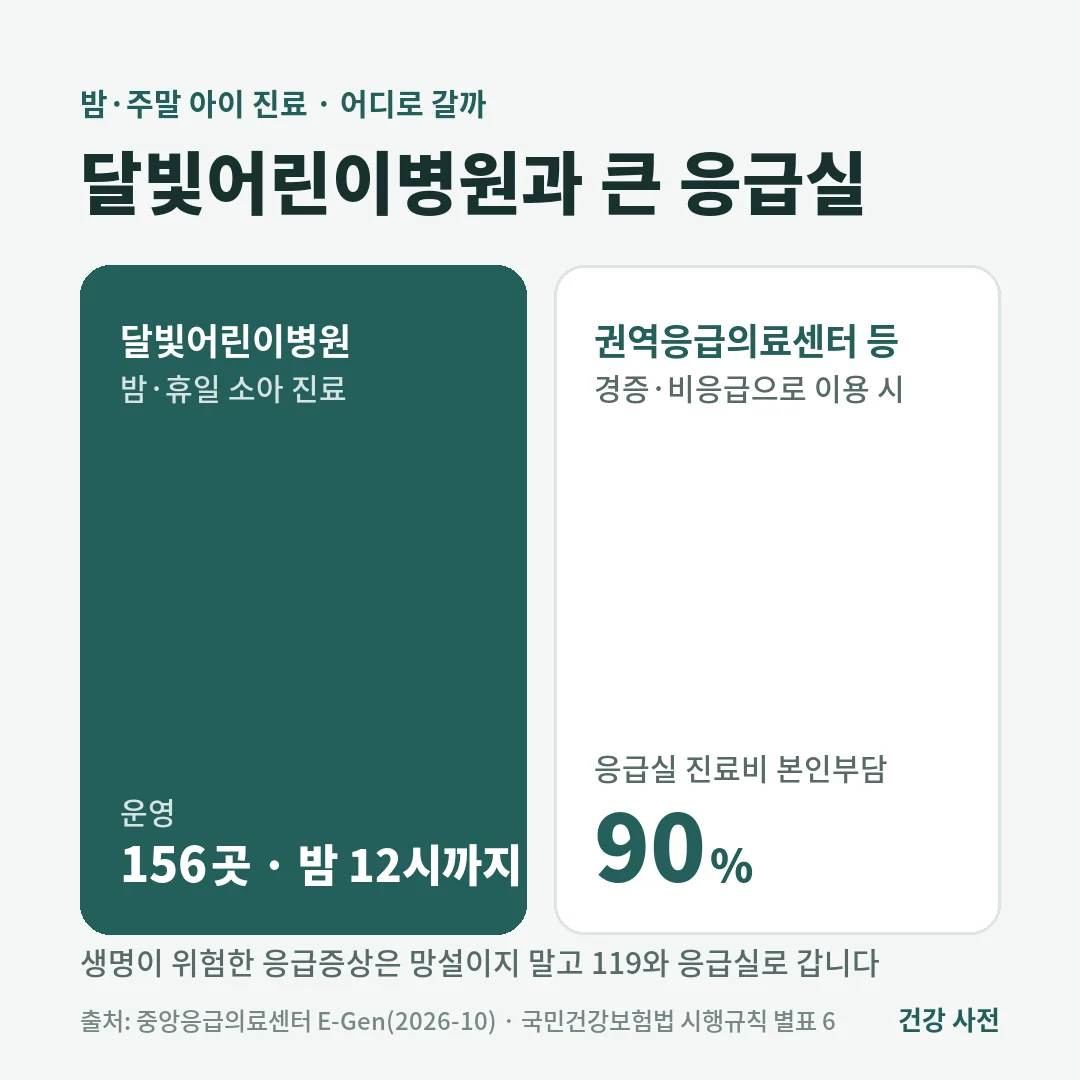 소아응급실 찾는 법 비교 카드로, 달빛어린이병원은 전국 156곳이 밤 12시까지 진료하고 경증으로 큰 응급실을 쓰면 본인부담이 90%입니다.