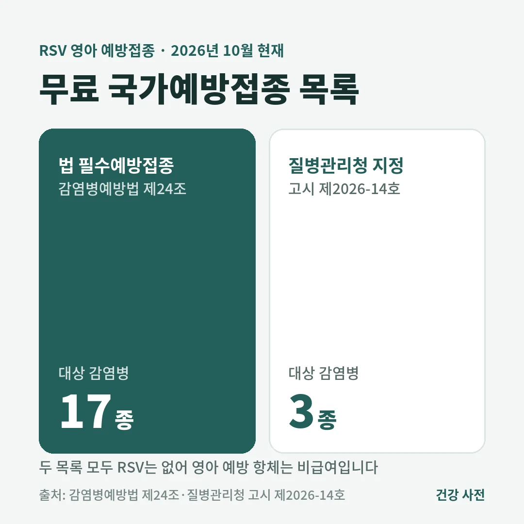 RSV 영아 예방접종은 2026년 10월 현재 감염병예방법 필수예방접종 17종과 질병관리청 고시 3종 어디에도 없어 영아 예방 항체는 비급여입니다.